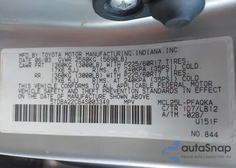 2004 Toyota Sienna Xle Limited из США, поврежденный, VIN 5TDBA22C64S003349